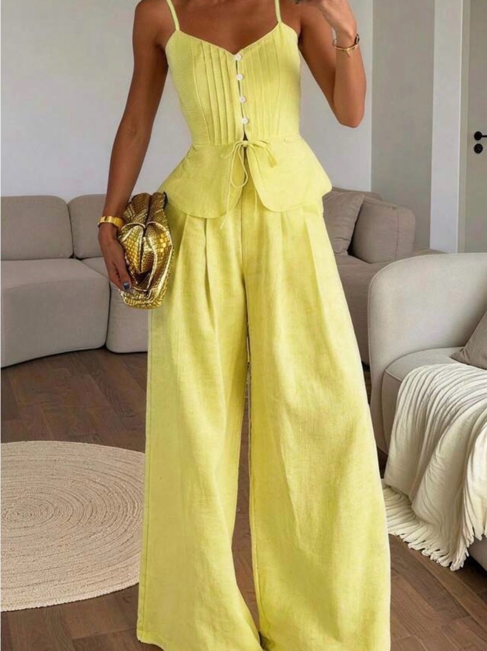 2 Pièces Set, Yellow Wide-Leg with Peplum Waist